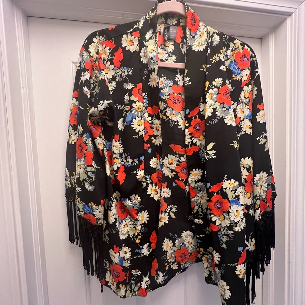 Floral Fringe Poncho Cardigan Duster